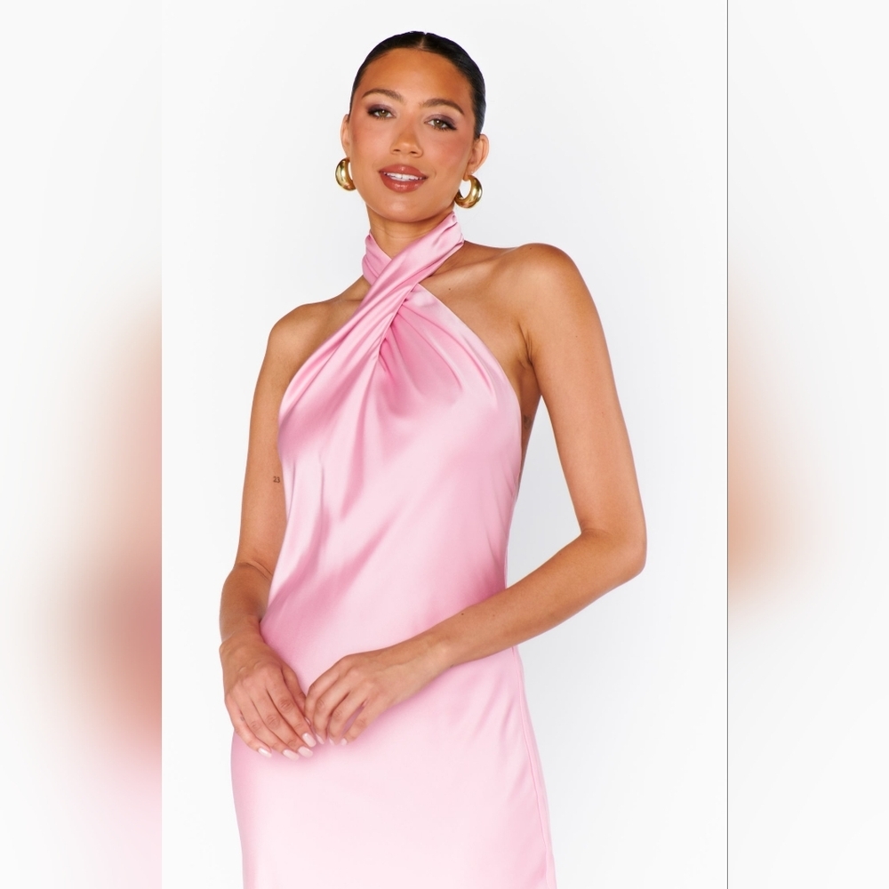 Show Me Your MuMu Jasmine Halter Maxi Light Pink Luxe Satin Dress M Wedding Prom - Picture 5 of 11